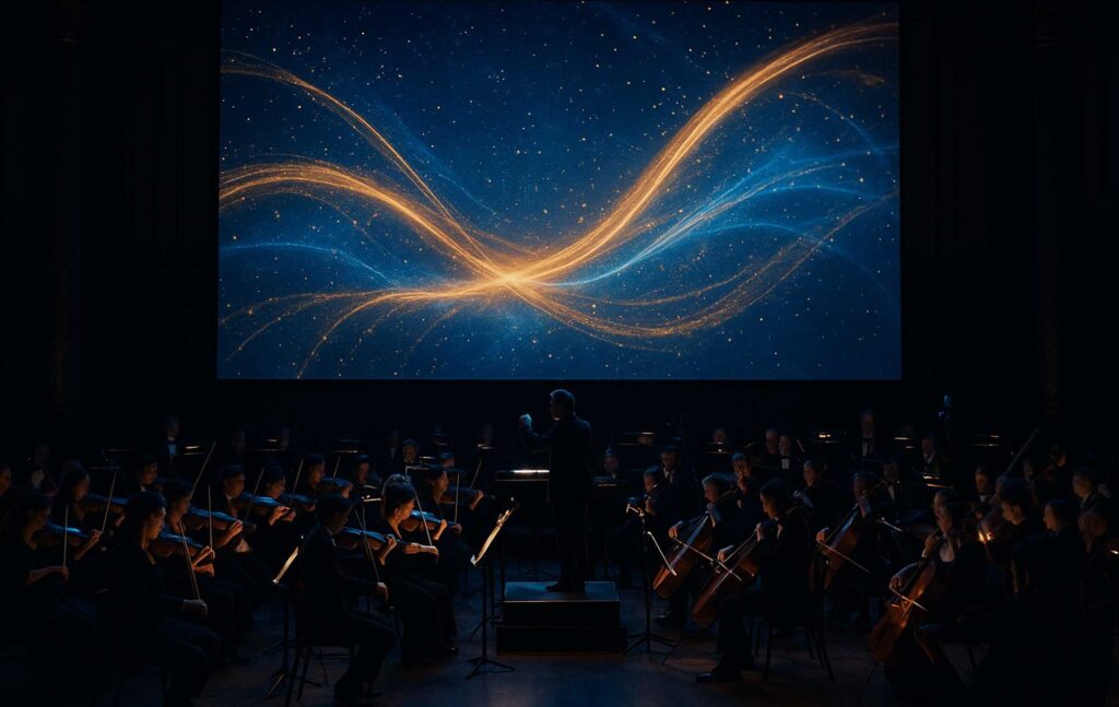 Orchestra performing on stage with conductor, illuminated by a large blue and gold visual projection behind them.